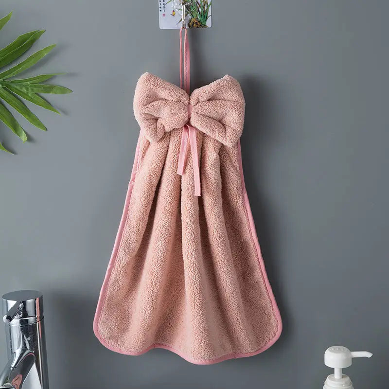 Bow Hanging Hand Towel – Absorbent Coral Fleece Kitchen & Bath