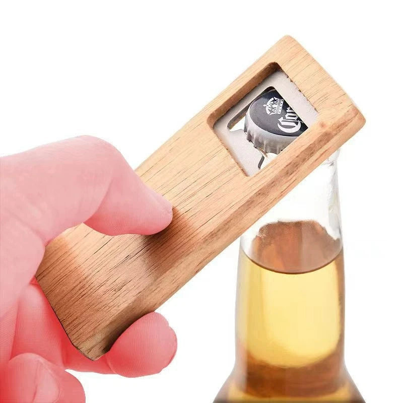 Stainless Steel Beer Bottle Opener with Square Wooden Handle