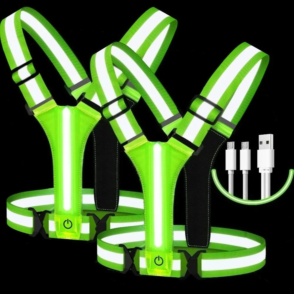 Adjustable Reflective Gear Security Vests USB Rechargeable Safety High Visibility Night Outdoor For Running Cycling Sports Peaceful Pleasures Health and Wellness 2PC Green