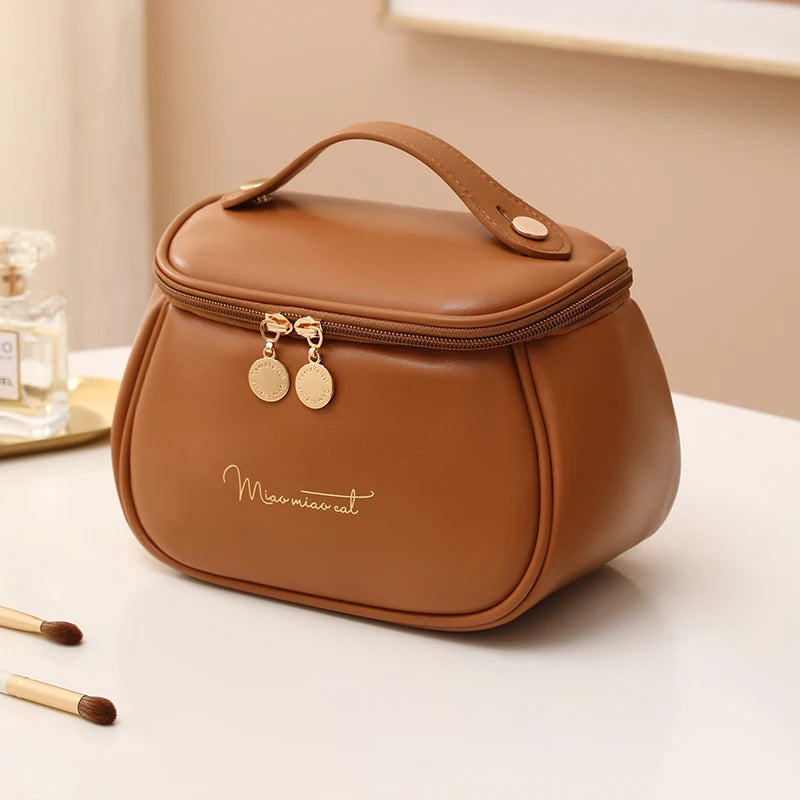2026 New PU Leather Cosmetic Bag For Women Multi-Functional Portable Travel Storage Makeup Case Female Toiletry Kit Bag YUZI Peaceful Pleasures Health and Wellness brown 21x14x14cm