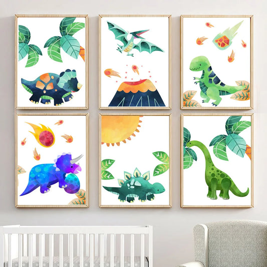 Watercolor Dinosaur Wall Art Canvas Print Cute Cartoon Dino Tropical Volcano Meteor Poster Kids Nursery Bedroom Playroom Deco Peaceful Pleasures Health and Wellness