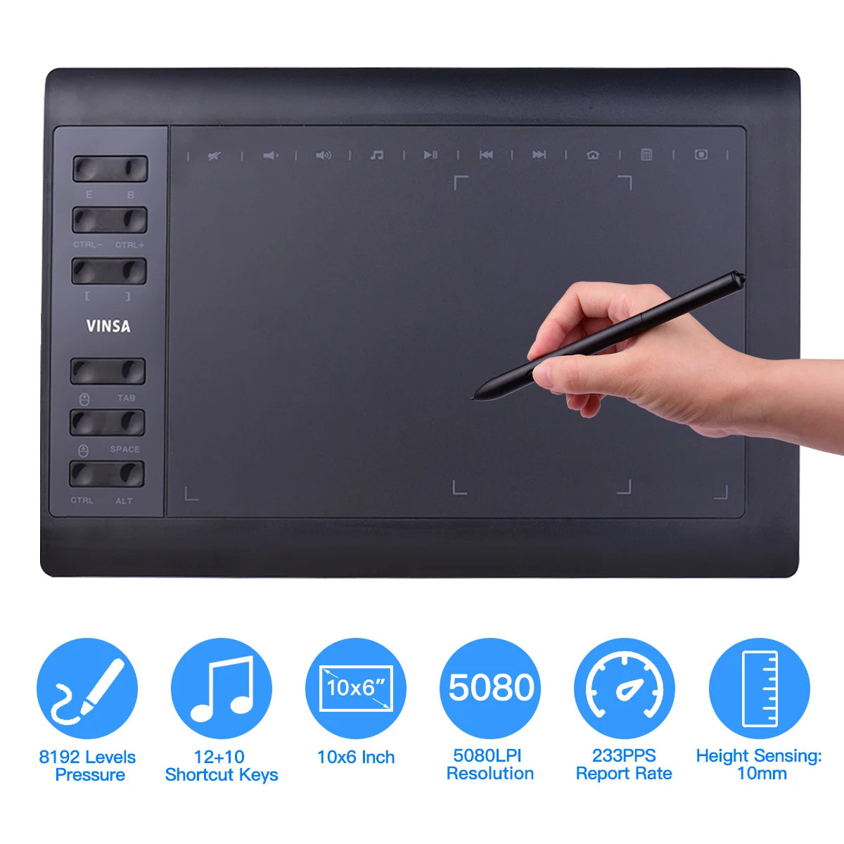 10x6" Graphics Drawing Tablet | 8192 Pressure, 12 Express Keys