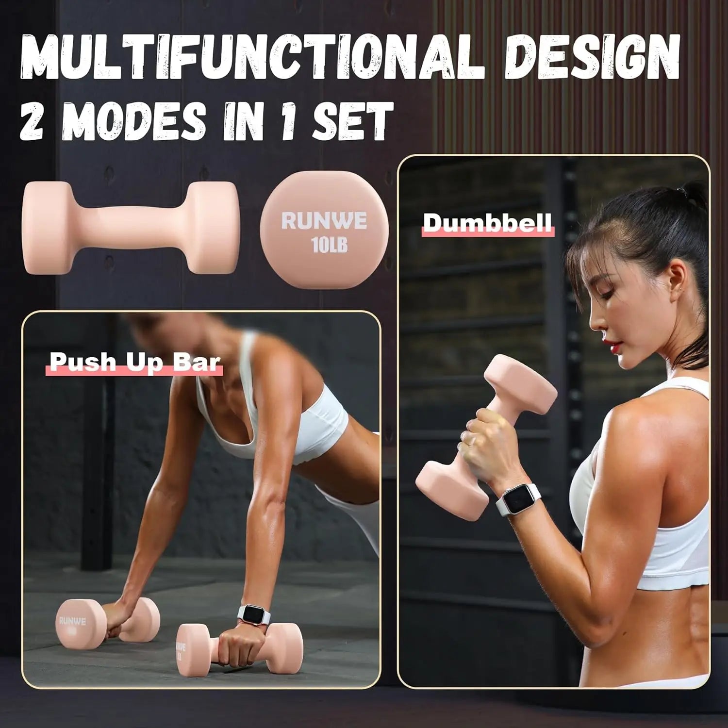 Multifunctional fitness tool with dumbbell and push-up bar design, featuring a woman using it.