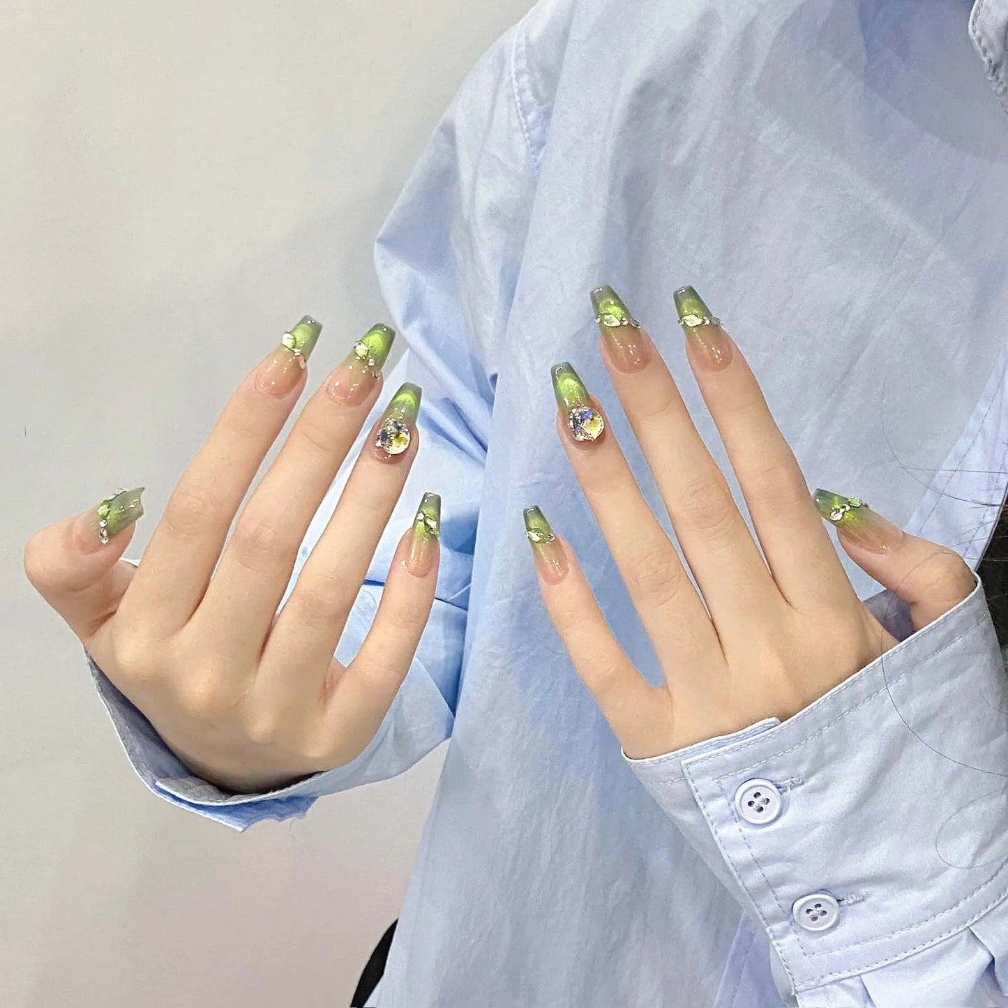 Handmade Press on Nails French Green Cat Eye Fake Nails with Rhinestone Design Wearable Detchable Long Ballet Coffin Fake Nails Peaceful Pleasures Health and Wellness
