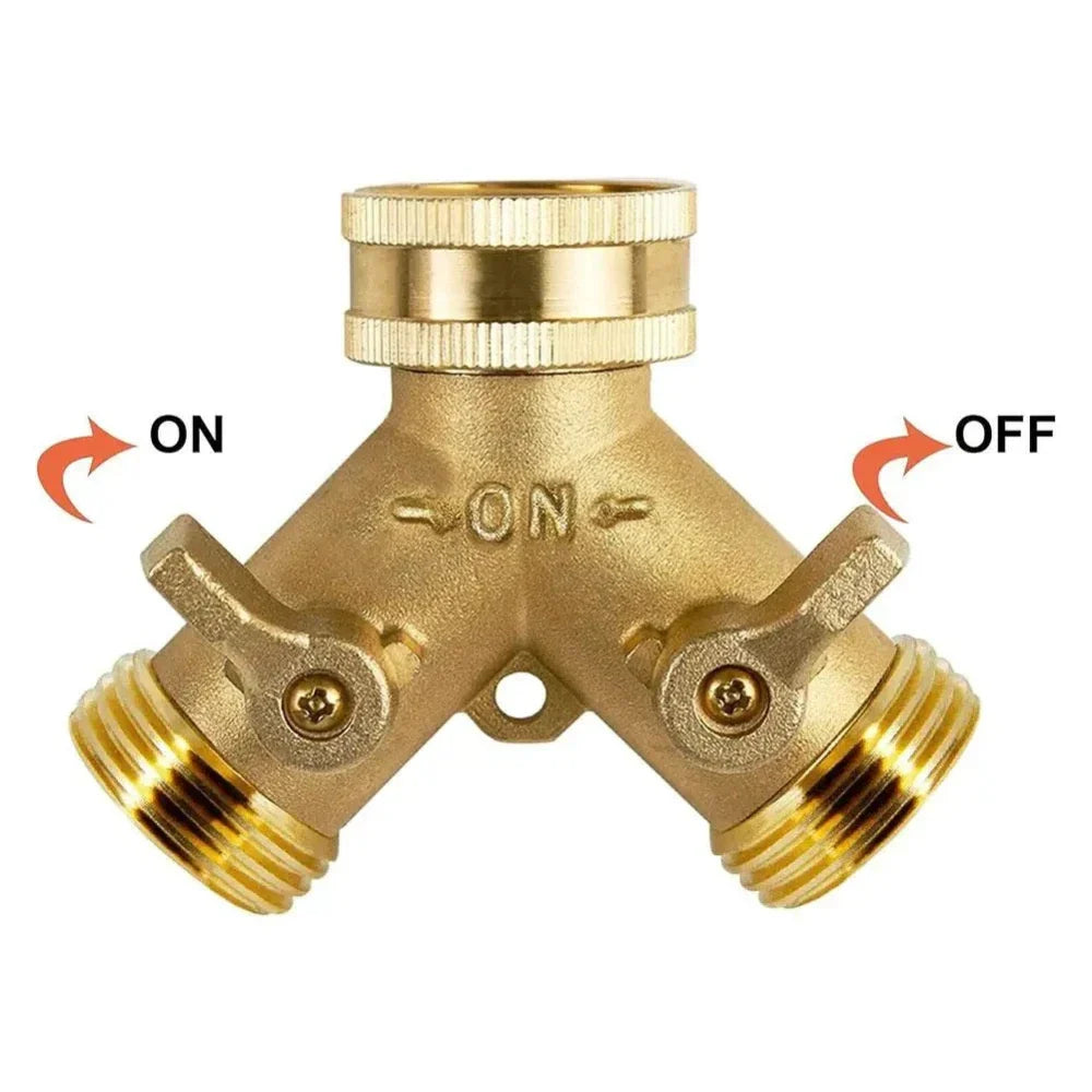 Brass Y-Shaped 2-Way Garden Hose Splitter with Valve Handle