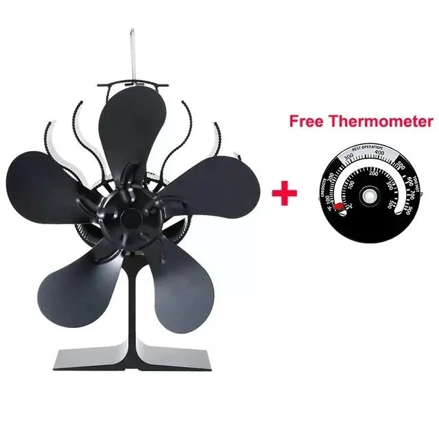 5-Blade Heat Powered Stove Fan for Wood Log Burner Fireplace Quiet Environmental Fan Heater Tool Efficient Heat Distribution Peaceful Pleasures Health and Wellness with Thermometer