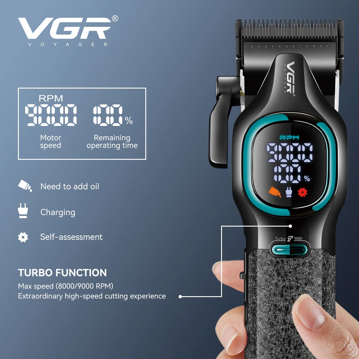VGR high-end hair trimmer two-piece set metal body 9000 RPM hair clipper alloy blade head oil head carving push shear V-886 S2 Peaceful Pleasures Health and Wellness