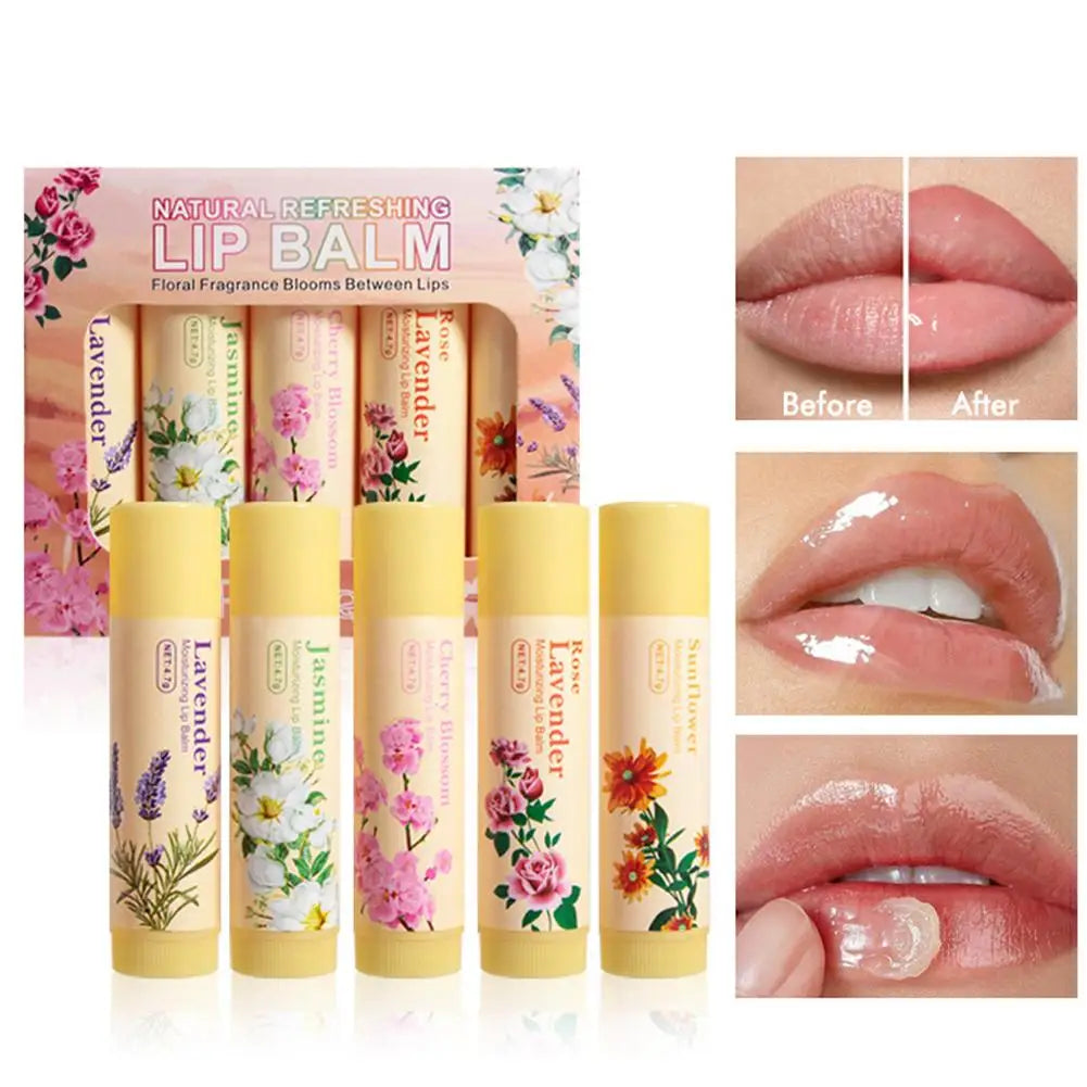 6/24pcs Assorted Fruit Flavor Lip Balm Set - Hydrating, Nourishing & Prevents Chapped Lips - Care for Dry Lips & Fine Lines Peaceful Pleasures Health and Wellness 5pcs Flower series