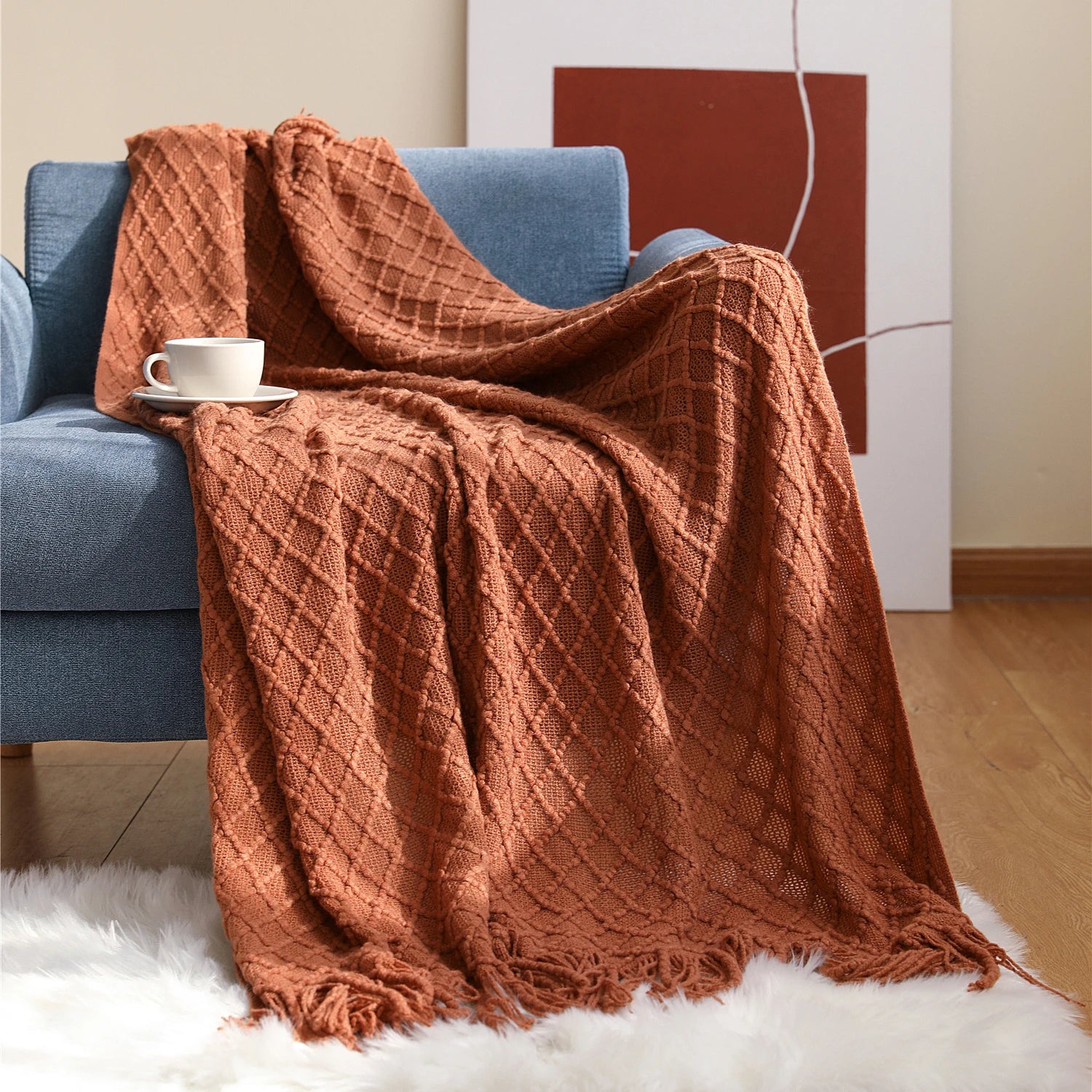 Battilo Orange Red Knitted Throw Blanket Fall Knit Throws for Bed Plaid Bedspread On The Bed Decorative Sofa Blanket Fall Decor Peaceful Pleasures Health and Wellness Orange Red 130x200cm