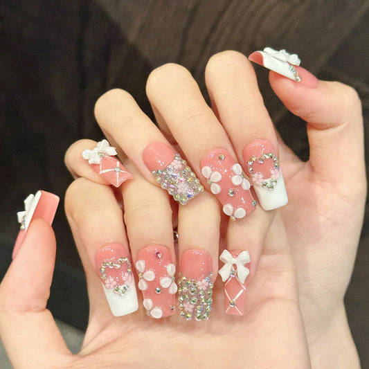 3D Bow Rhinestone Press On Nails | Peach Pink French Tips 10pc Press On Nails Peaceful Pleasures Health and Wellness
