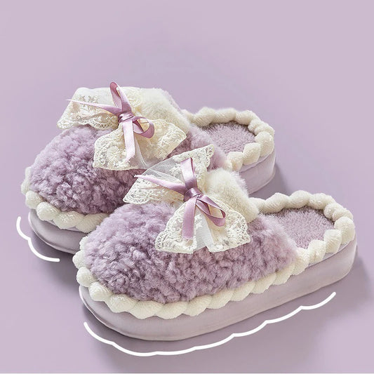 Women's Bow Plush Slippers – Warm Anti-Slip Indoor House Shoes Women's Indoor Slippers Peaceful Pleasures Health and Wellness B 36-37