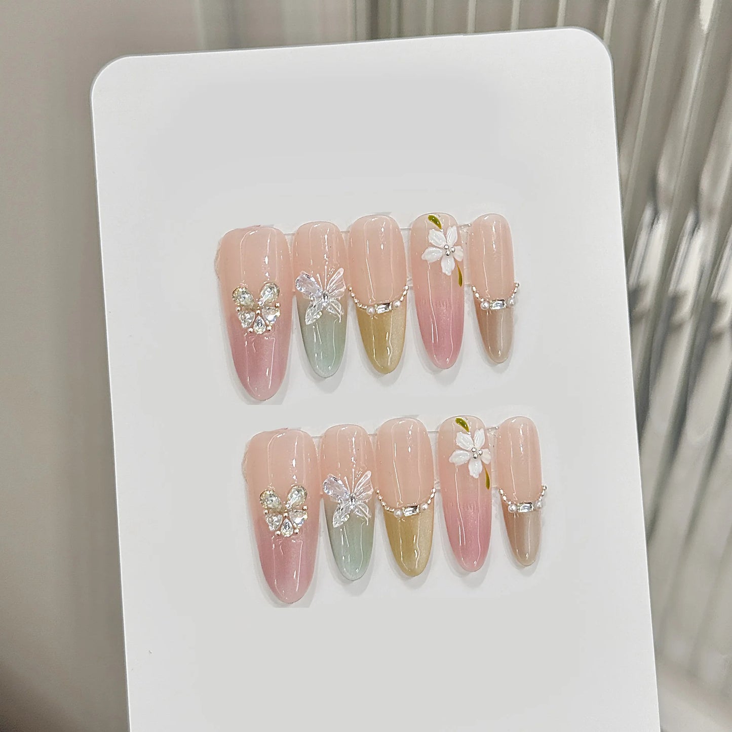 Press On Nails Pink Green Cat Eye Butterfly | Korean French Style