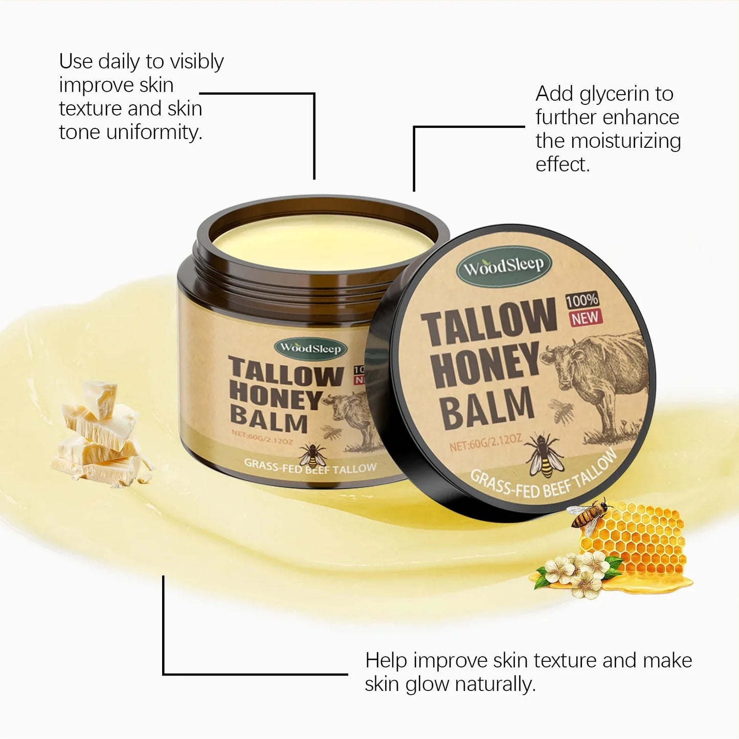 Beef Tallow Honey Balm Moisturizing Hydrating Face Cream Body Lotion Fades Fine Lines Tighten Soothen Brightening Facial Skin Peaceful Pleasures Health and Wellness