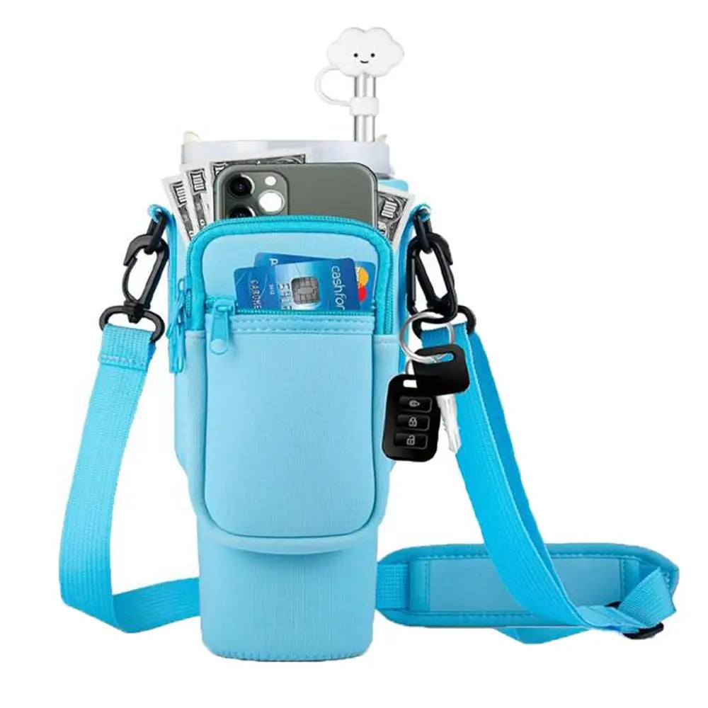 40oz Water Bottle Carrier Bag Pouch Cover for Thermos Water Bottle Holder Adjustable Shoulder Strap Mug Cover Peaceful Pleasures Health and Wellness blue
