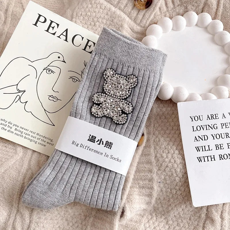 Diamond Cartoon Bear Decorative Socks, Fashionable Diamond Sparkling Women's Socks, Comfortable And Breathable Christmas Socks Peaceful Pleasures Health and Wellness GRAY EU35-39