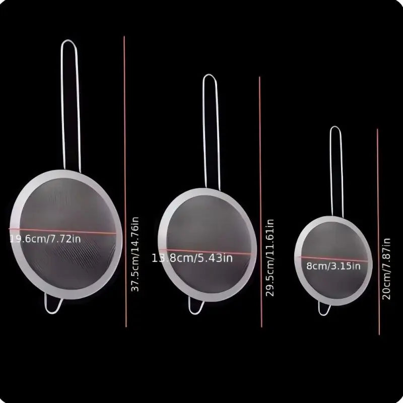 Set of 3 Stainless Steel Fine Mesh Strainers | Long Handle