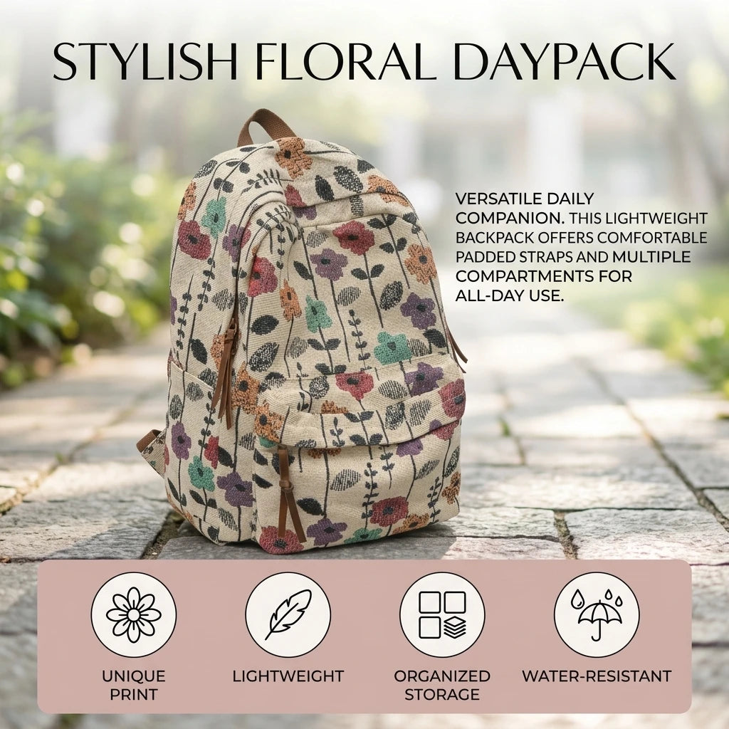 Floral Print Backpack For Women Lightweight Casual Daypack With Multi Compartments And Waterproof Fabric Peaceful Pleasures Health and Wellness
