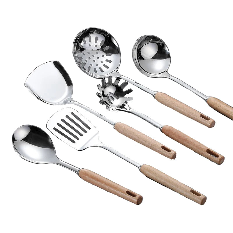 6-Piece Wooden Handle Stainless Steel Kitchen Utensil Set – Beech Wood Cooking Spoons & Spatulas