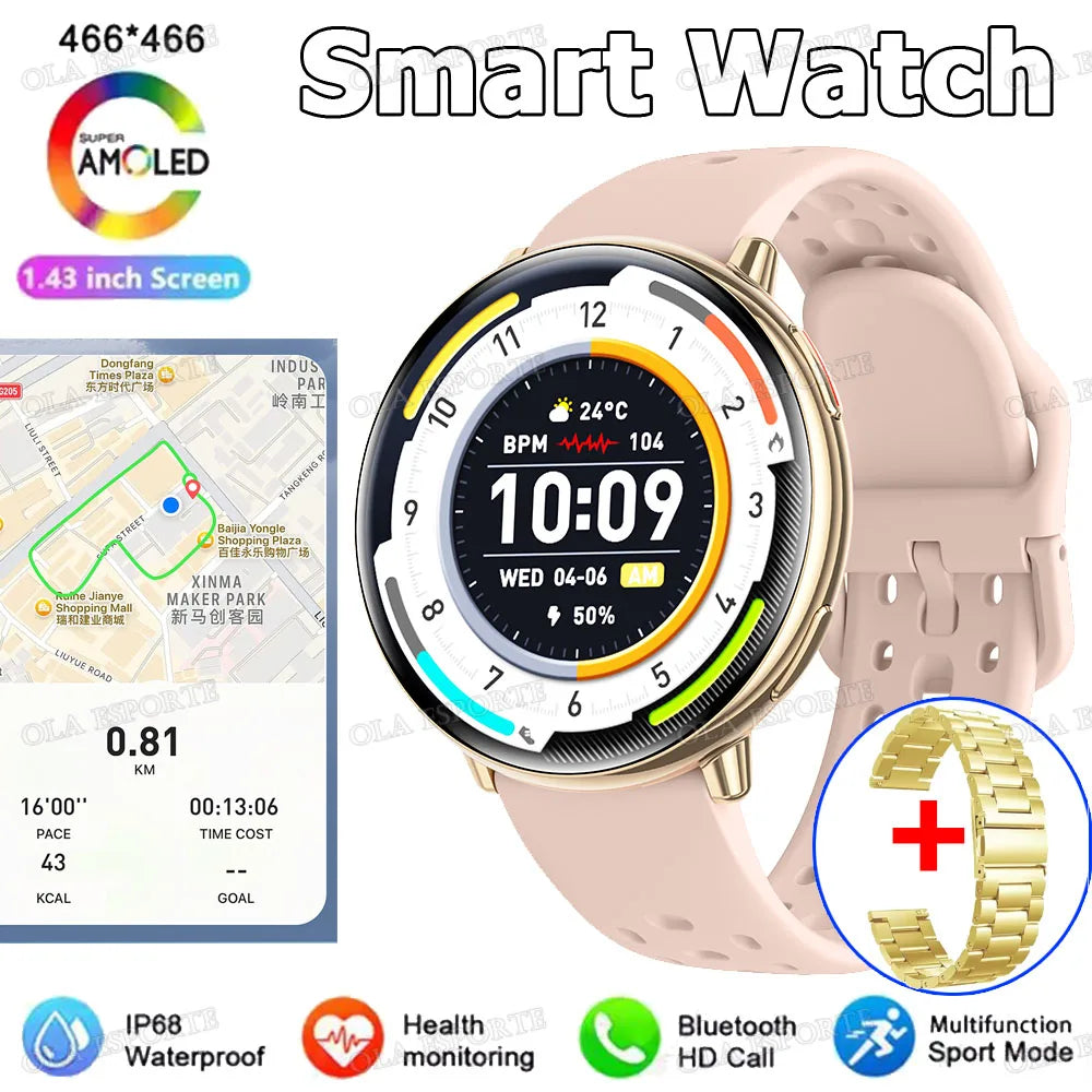 New Smart Watch GPS 1.43 Inch AMOLED IP68 Waterproof Bluetooth Call Multi-sport Mode Health Monitoring SmartWatch Men Women Gift Peaceful Pleasures Health and Wellness Go20Szstrap