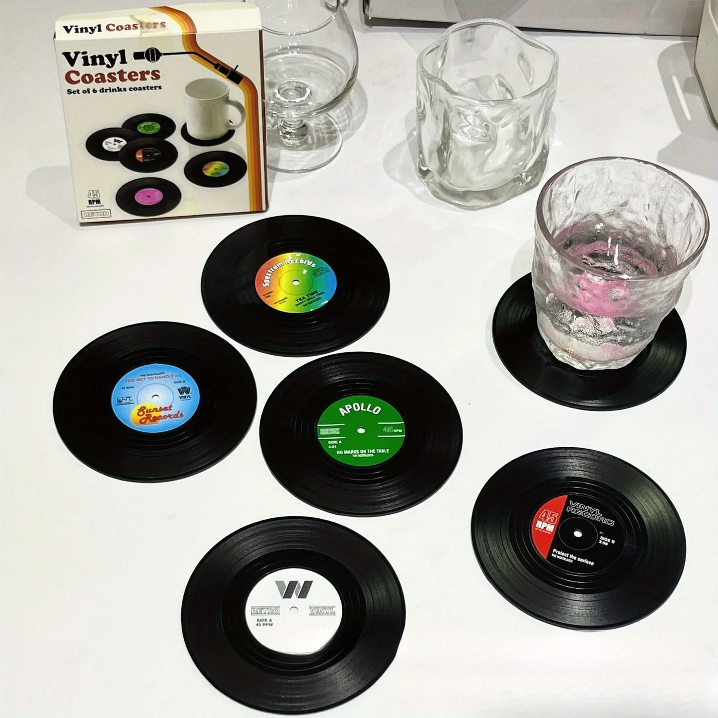 6-Pack Vinyl Record Coasters – Retro Absorbent Table Protectors