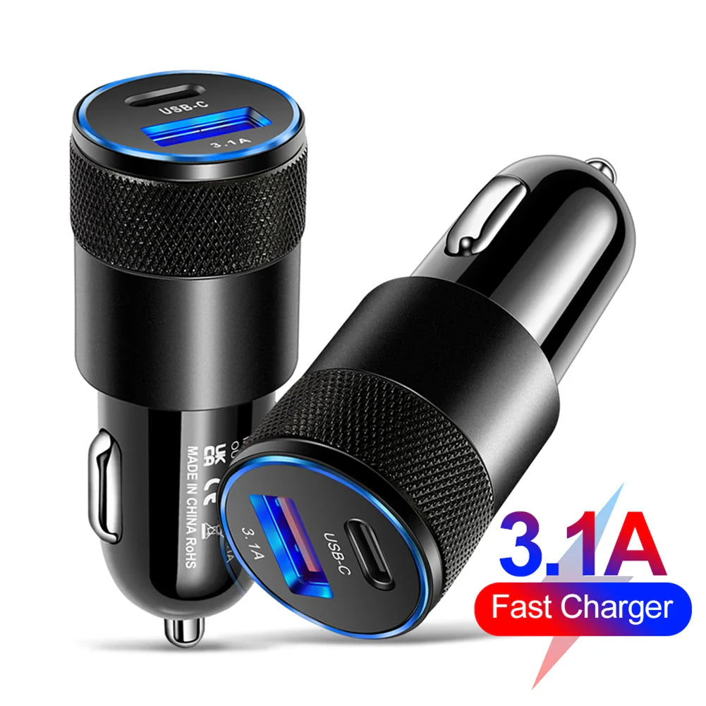 Mini USB-C Car Charger 15W PD Fast Charging Dual Port Adapter