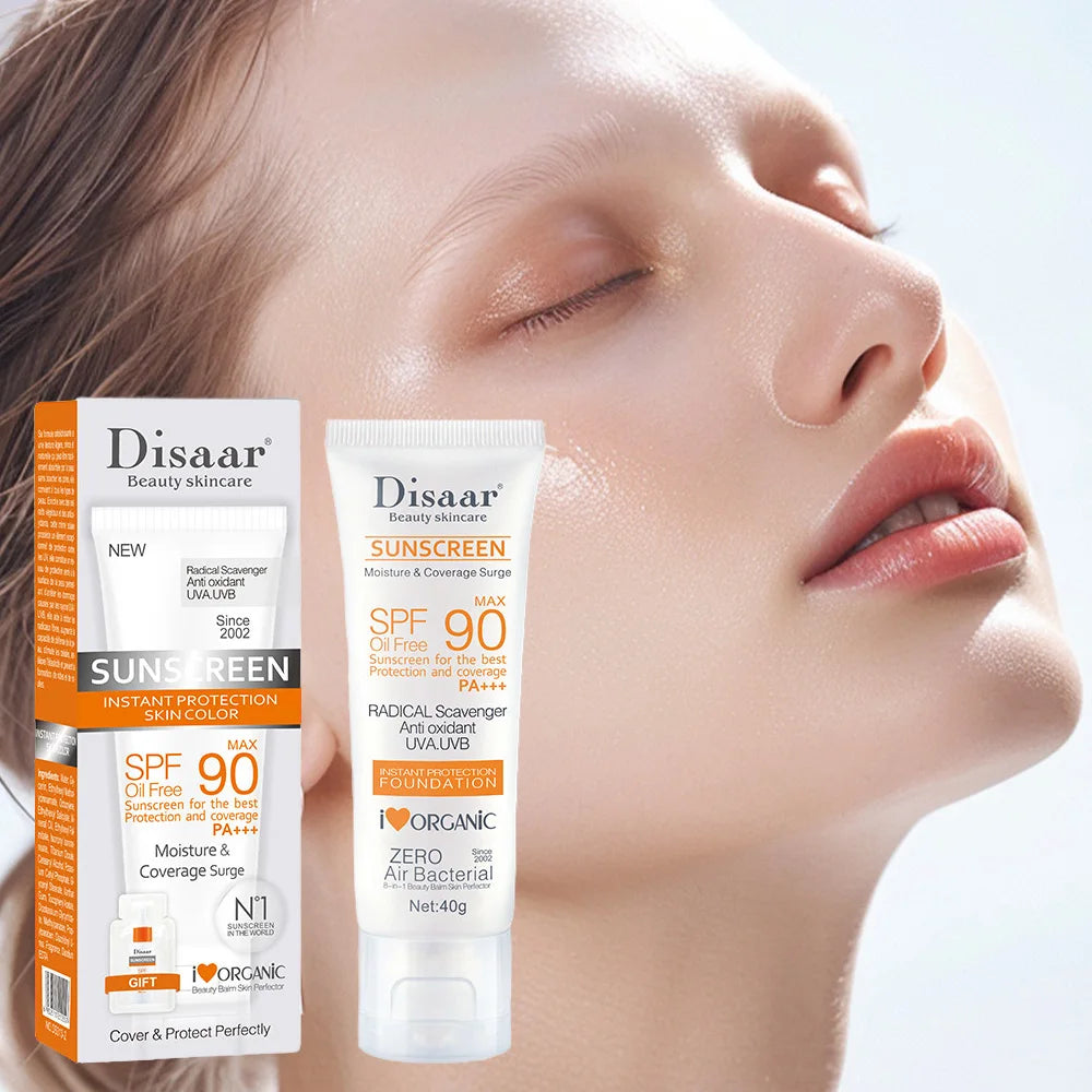SPF90 PA+++ Oil Free Sunscreen Foundation 40g, Antioxidant UVA/UVB Protection, Organic Moisture Coverage Surge for Face Peaceful Pleasures Health and Wellness