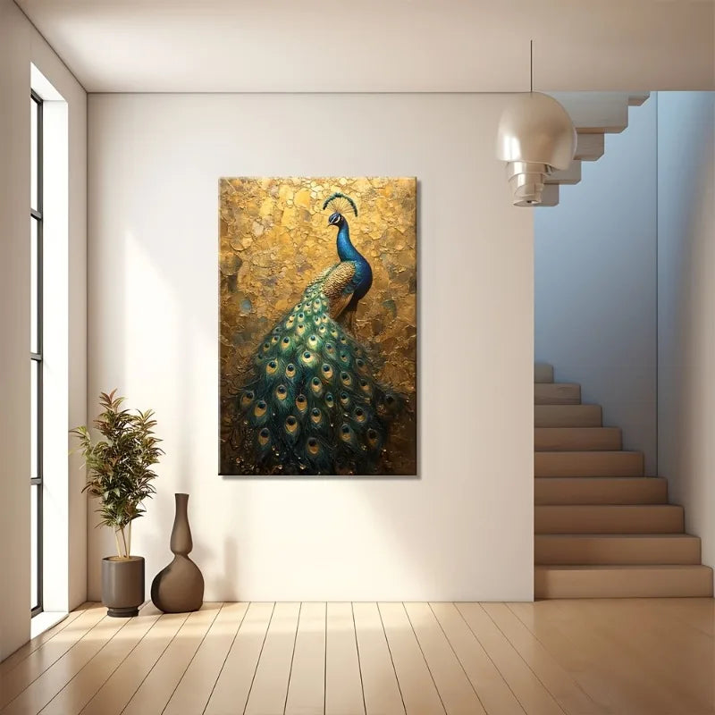 Peacock Vibrant Blue And Green Feathers On Golden Large Wall Art Home Decor Canvas Painting For Bedroom, Living Room, Office Peaceful Pleasures Health and Wellness
