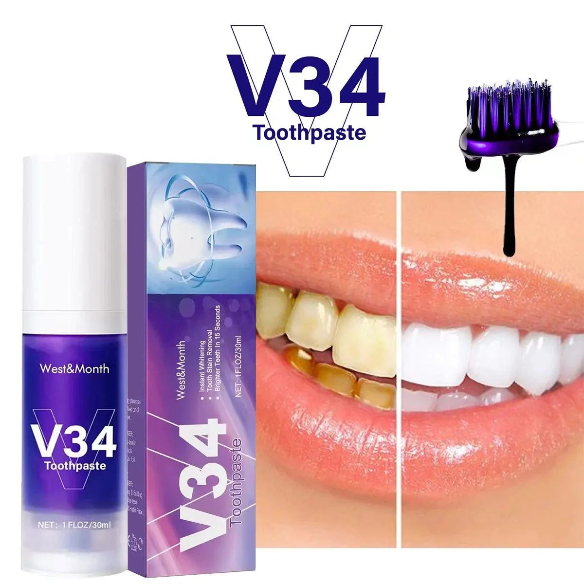 30ml V34 SmileKit Purple Toothpaste Clean Oral Hygiene Fresh Breath Removes Tartar Teeth Whitening Products Toothpaste Squeezer Peaceful Pleasures Health and Wellness