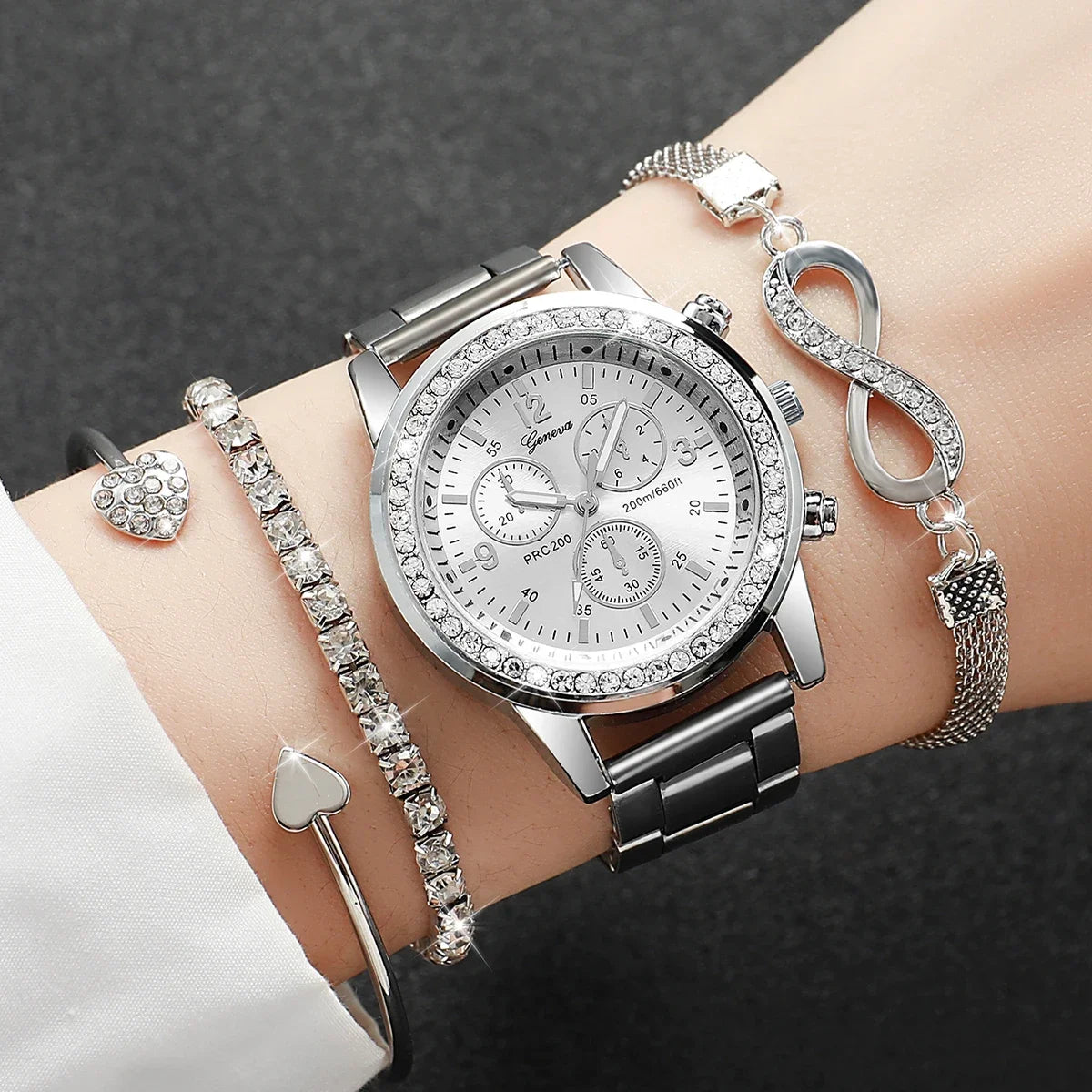 4PCS/Set Fashion Rhinestone Women Watches Luxury Steel Band Ladies Quartz Watch Bracelets Set Reloj Mujer（Without Box） Peaceful Pleasures Health and Wellness A Silver Without Box