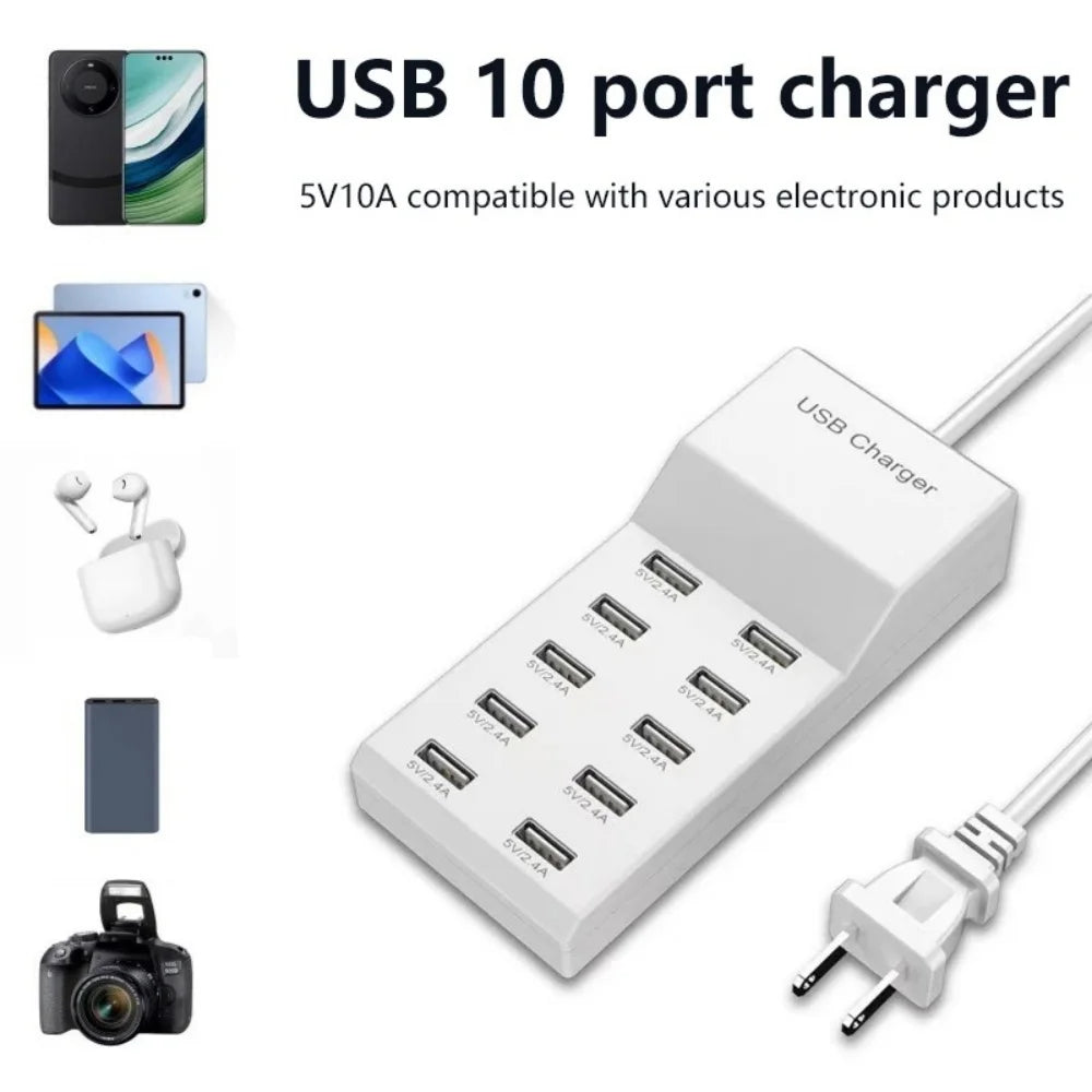 10-Port USB Charging Station 50W Fast Charger EU/UK/US Plug