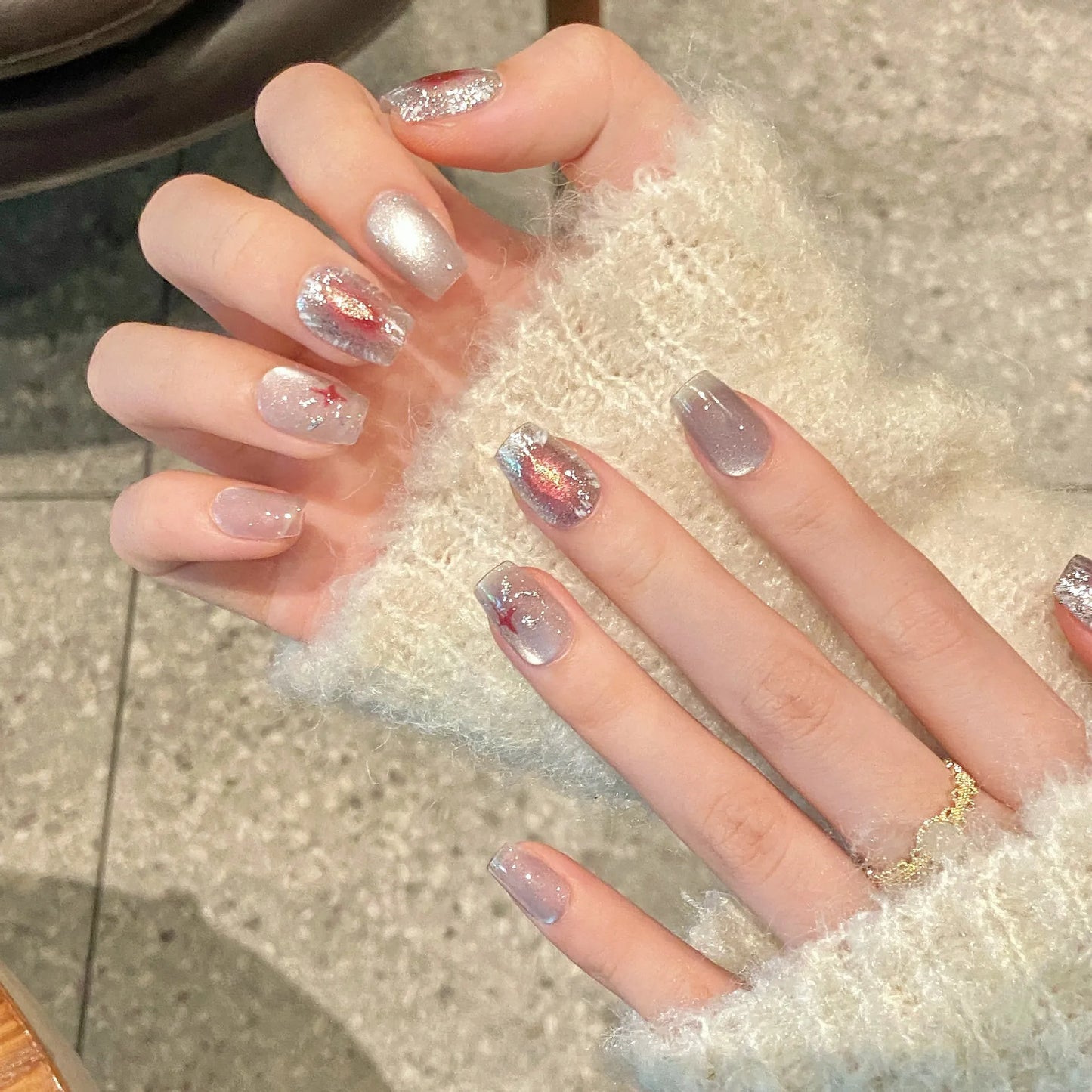 Handmade Press-On Nails Blue Coconut Tree Cat Eye Design