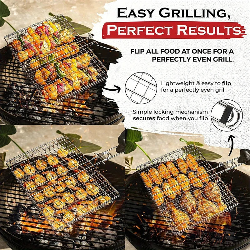 Folding Stainless Steel BBQ Grill Basket for Fish & Vegetables