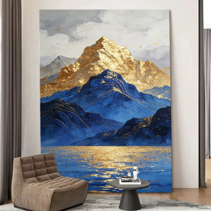 Hand Painted Canvas Oil Painting Abstract Gold And Blue Mountains Poster Wall Art Picture Home Decor Hang Mural For Living Room Peaceful Pleasures Health and Wellness