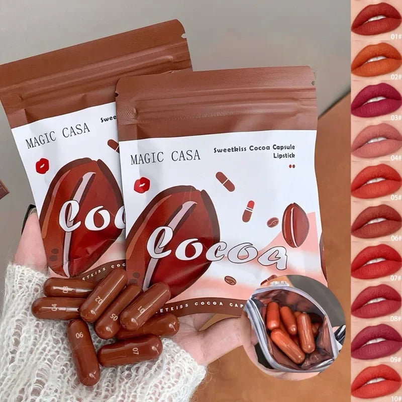 10-Pc Mini Cocoa Capsule Lipstick Set – Matte Velvet Long-Lasting