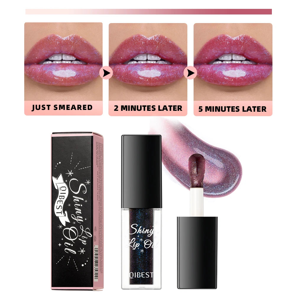 QIBEST Mirror Black Lip Oil Color Changing Lipstick Moisturizing Shiny Lip Gloss Oil Plumping Lasting Diamond Lipgloss Cosmetics Peaceful Pleasures Health and Wellness