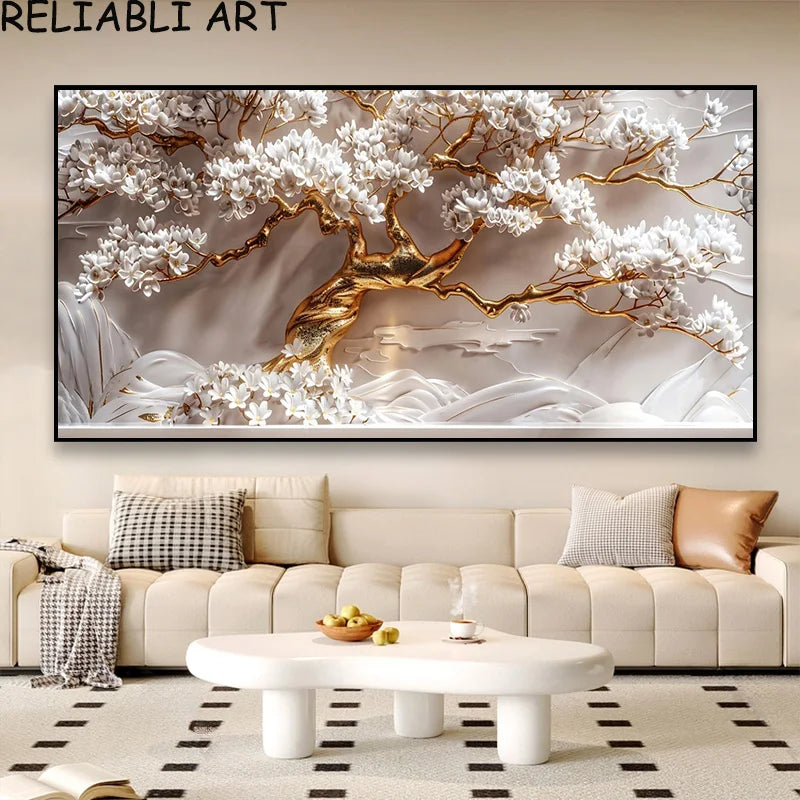3D Golden White Flower Tree Poster and Prints Light Luxury Canvas Painting Wall Art Pictures for Living Room Home Decor No Frame Peaceful Pleasures Health and Wellness flower 24 7-25-11 50x100cm