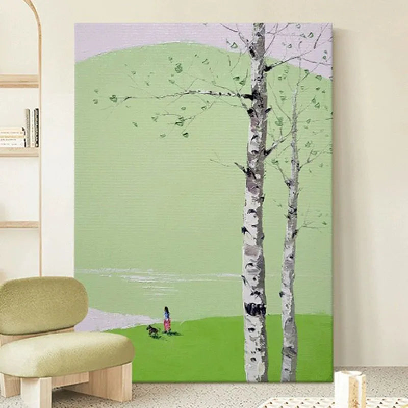 Abstract Mountain Peak Scenery Living Room Modern Minimalist White Birch Tree Decoration Painting Green Picture Entrance Room Peaceful Pleasures Health and Wellness