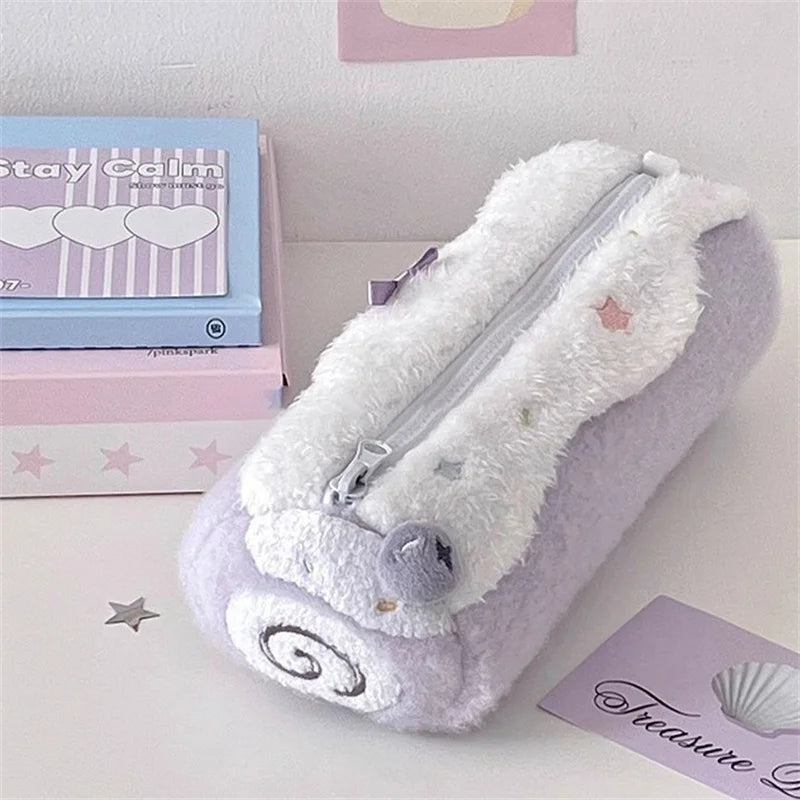 1pc Cream Swiss Roll Plush Pen Bag Cute High Beauty Student Large Capacity Desktop Stationery Box Pen Bag Peaceful Pleasures Health and Wellness