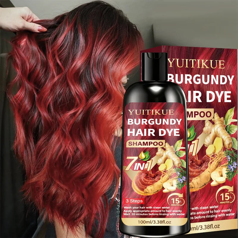 YUITIKUE 7 IN 1 Burgundy Hair Dye Shampoo Natural Ginger Herbal Long Lasting Moisturizing At‑Home Hair Color Shampoo 100ml Peaceful Pleasures Health and Wellness