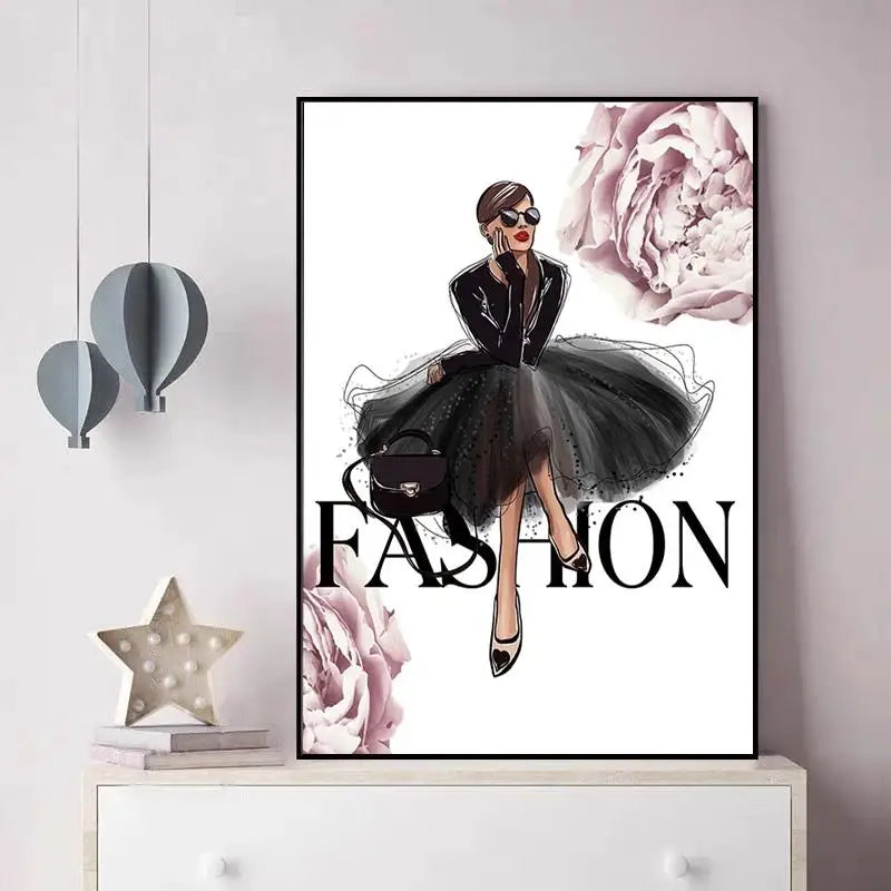 Pink Flower Makeup Girls Canvas Wall Art | Nordic Room Decor