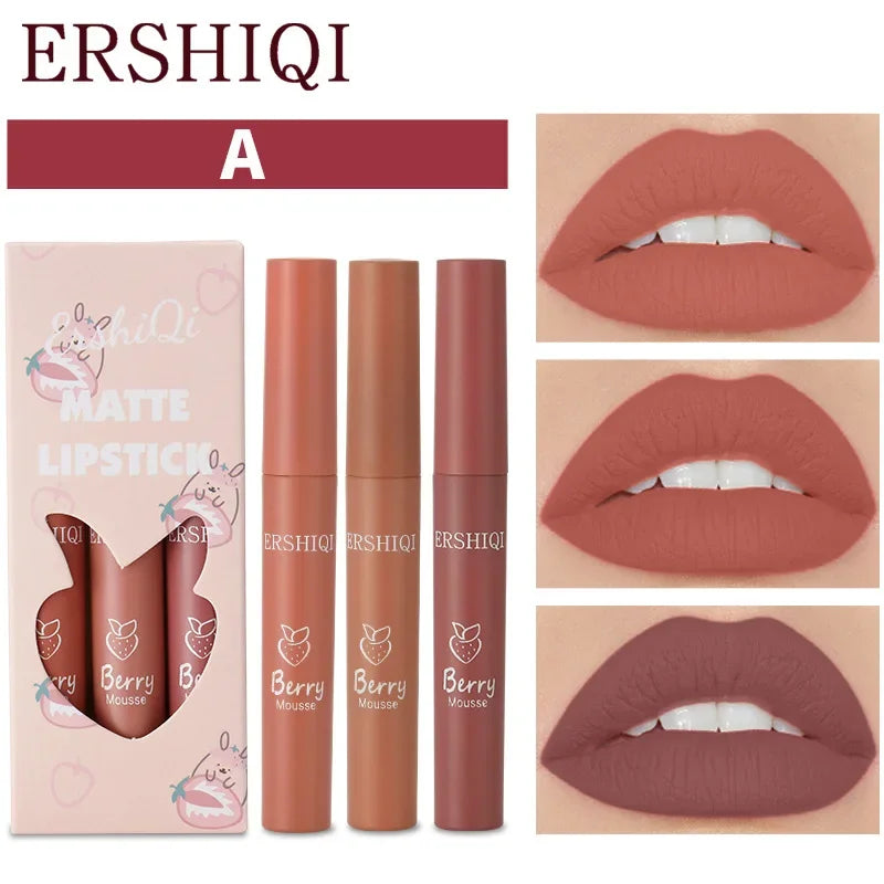 3-Piece Velvet Matte Lip Glaze Set – Waterproof Nude Lip Gloss