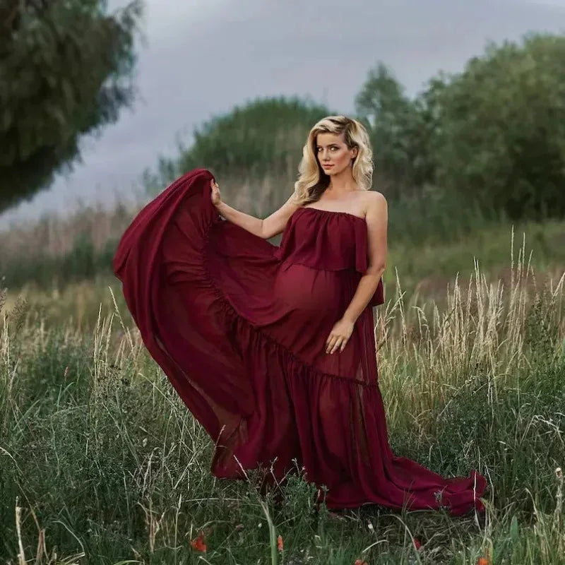 Maternity Photoshoot Dress 2 Piece Set - Off The Shoulder Chiffon Gown with High Slit, Elastic Strapless Nursing Top,Baby Shower Peaceful Pleasures Health and Wellness M wine