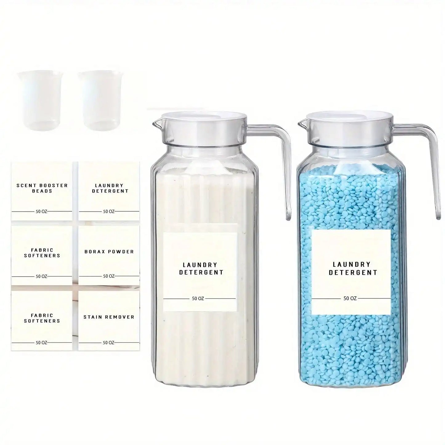 Laundry Detergent & Fabric Softener Dispenser with Labels & Measuring Cups (1 or 2 Pack)