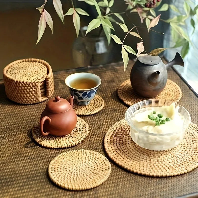 Handcrafted Rattan Bamboo Coaster Set | Heat-Resistant Pot Mat
