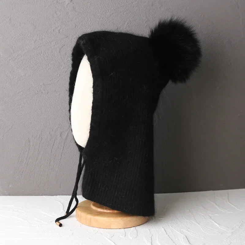 Women's Rabbit Fur Knitted Beanie Hood Hat | Winter Balaclava