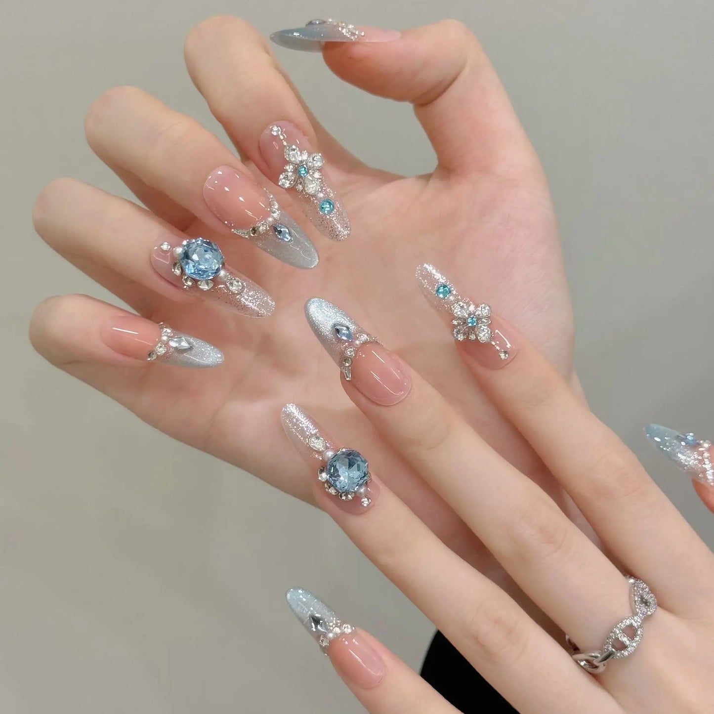 Handmade Press On Nails French Light Blue Cat's Eye K9 Diamond