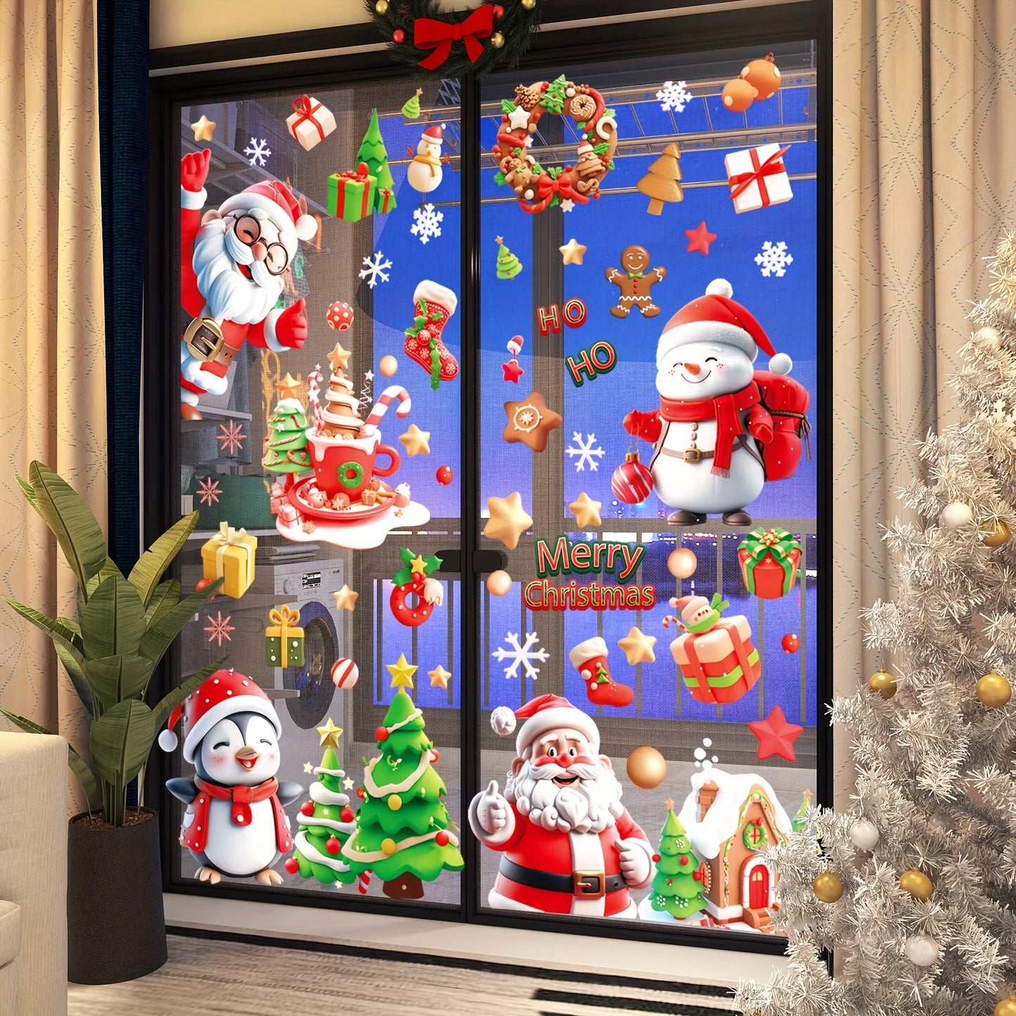 9 Sheets 72 Santa Snowman Glass Stickers Christmas Tree Refrigerator