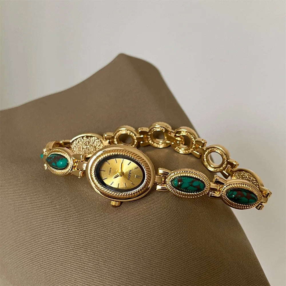 Oval Gemstone Ladies Quartz Watch – Elegant Jade Bracelet