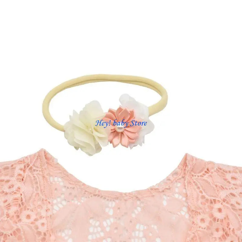 Baby Girl Lace Romper & Flower Pearl Headband Photography Set