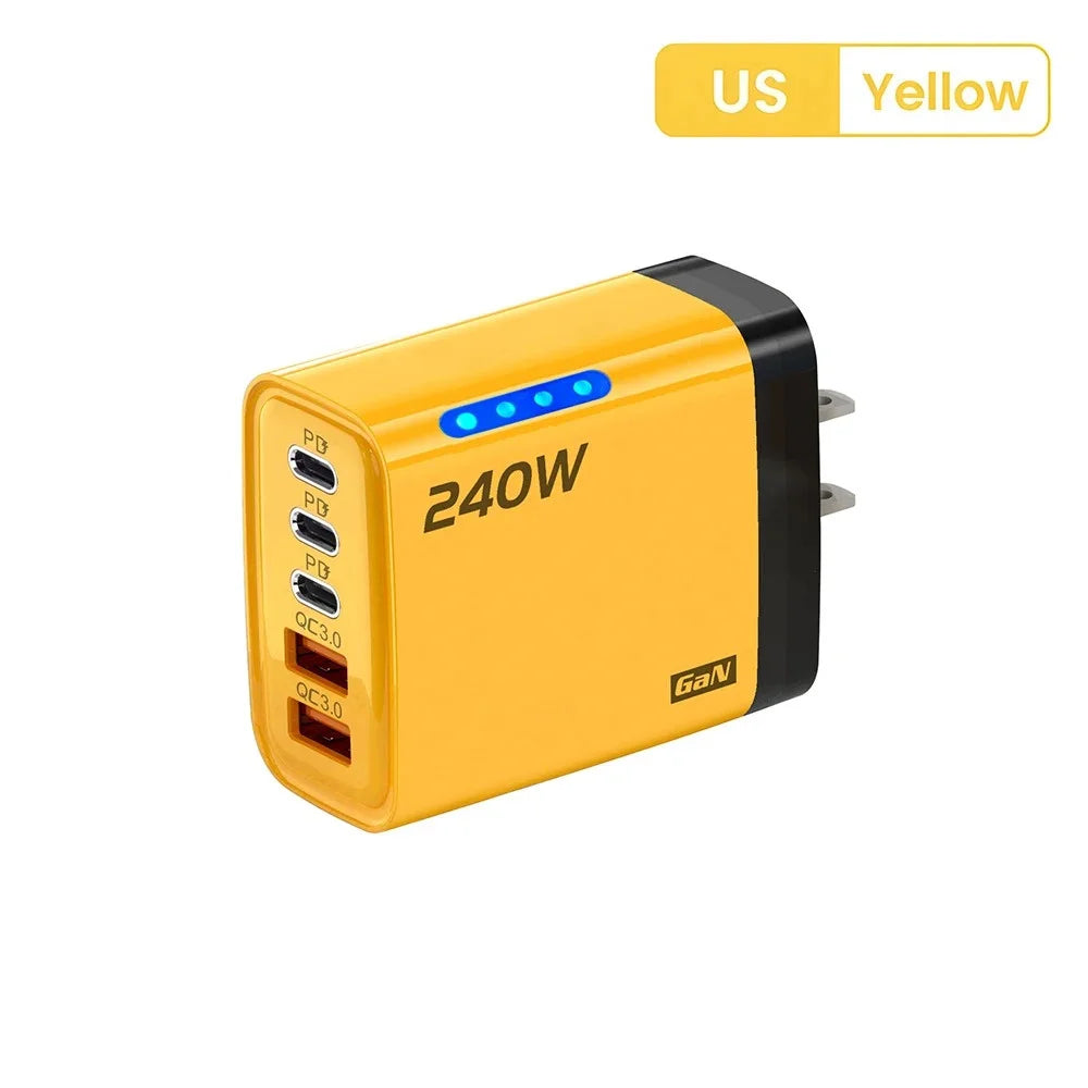 240W GaN 5-Port Fast Charger | 3 USB-C + 2 USB-A with LED